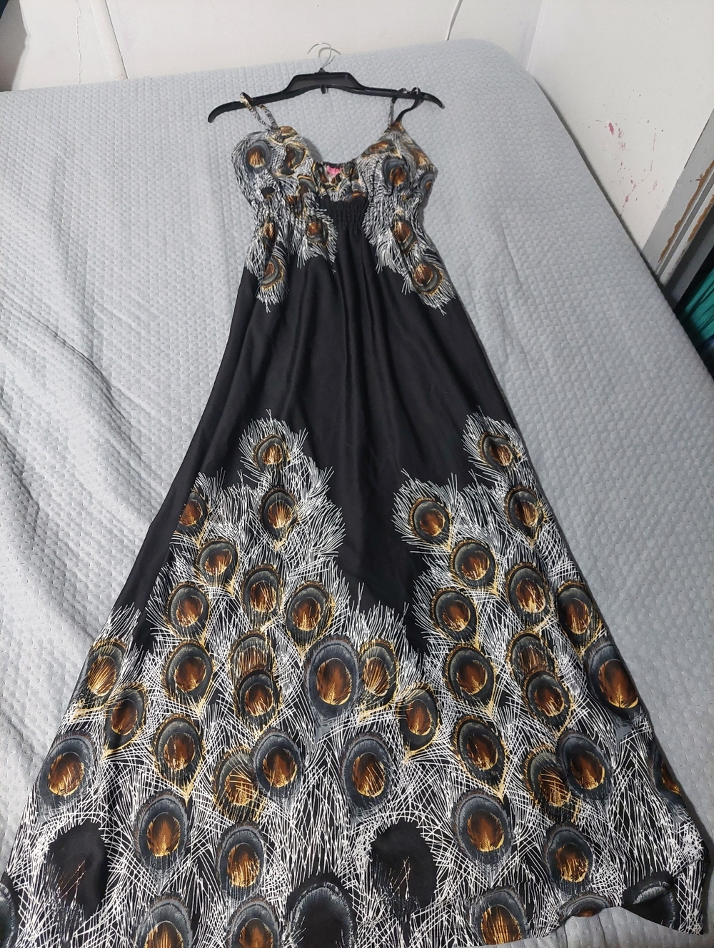 She's Cool Black Maxi Dress with Gold Peacock Motif